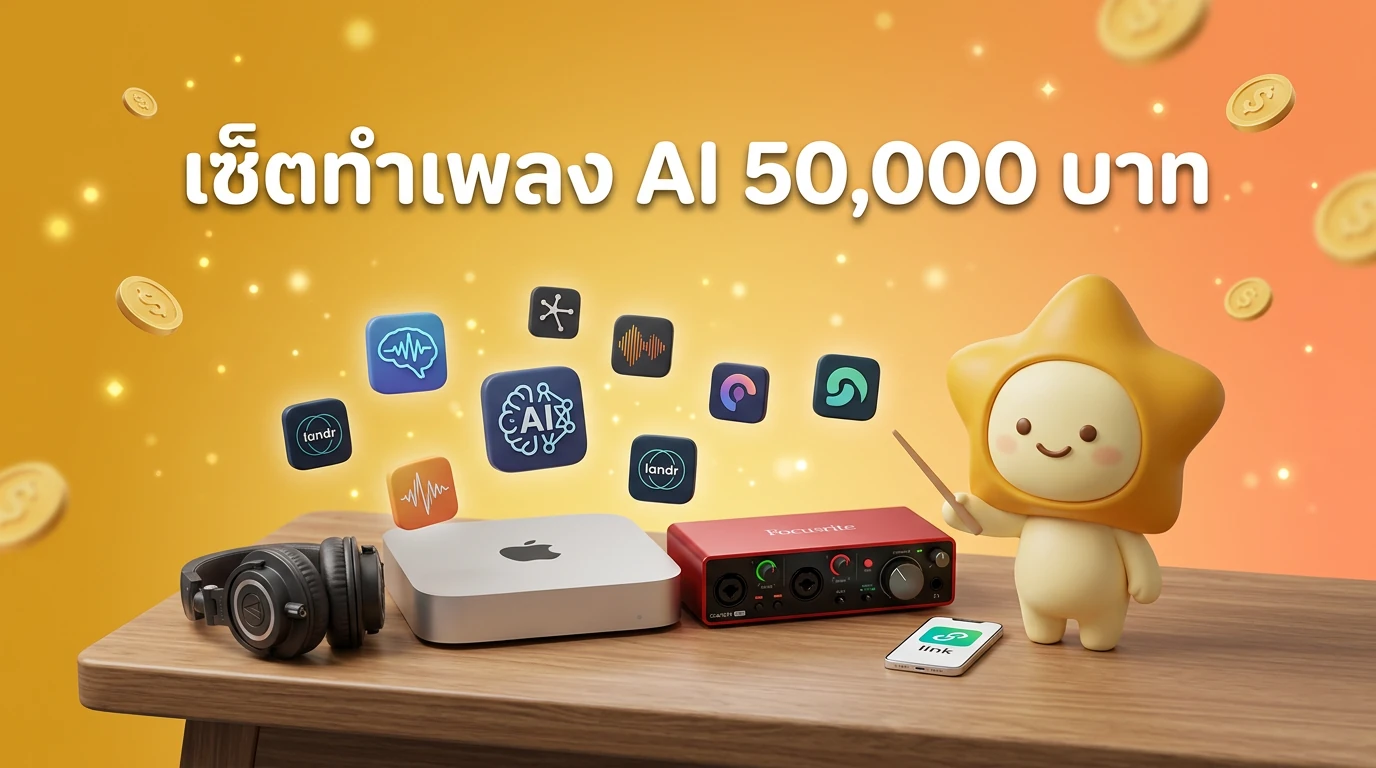 Smart Budget 50,000 THB studio setup featuring a Mac Mini, Focusrite interface, and AI software icons