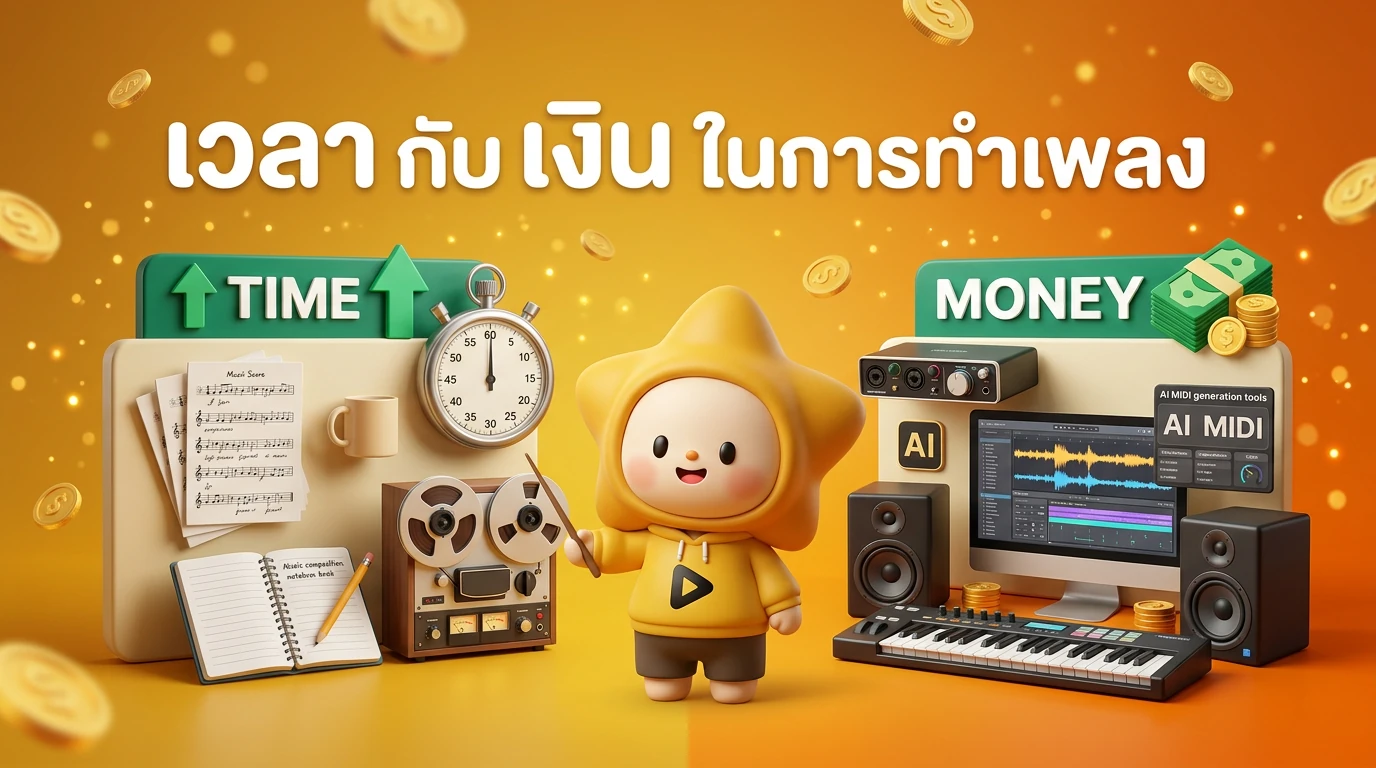 Comparison infographic showing 'Time vs Money' in music production workflow