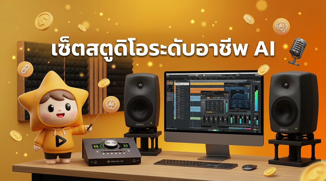 Professional AI-Hybrid Studio 150,000 THB setup with Genelec monitors, UAD Apollo, and acoustic treatment