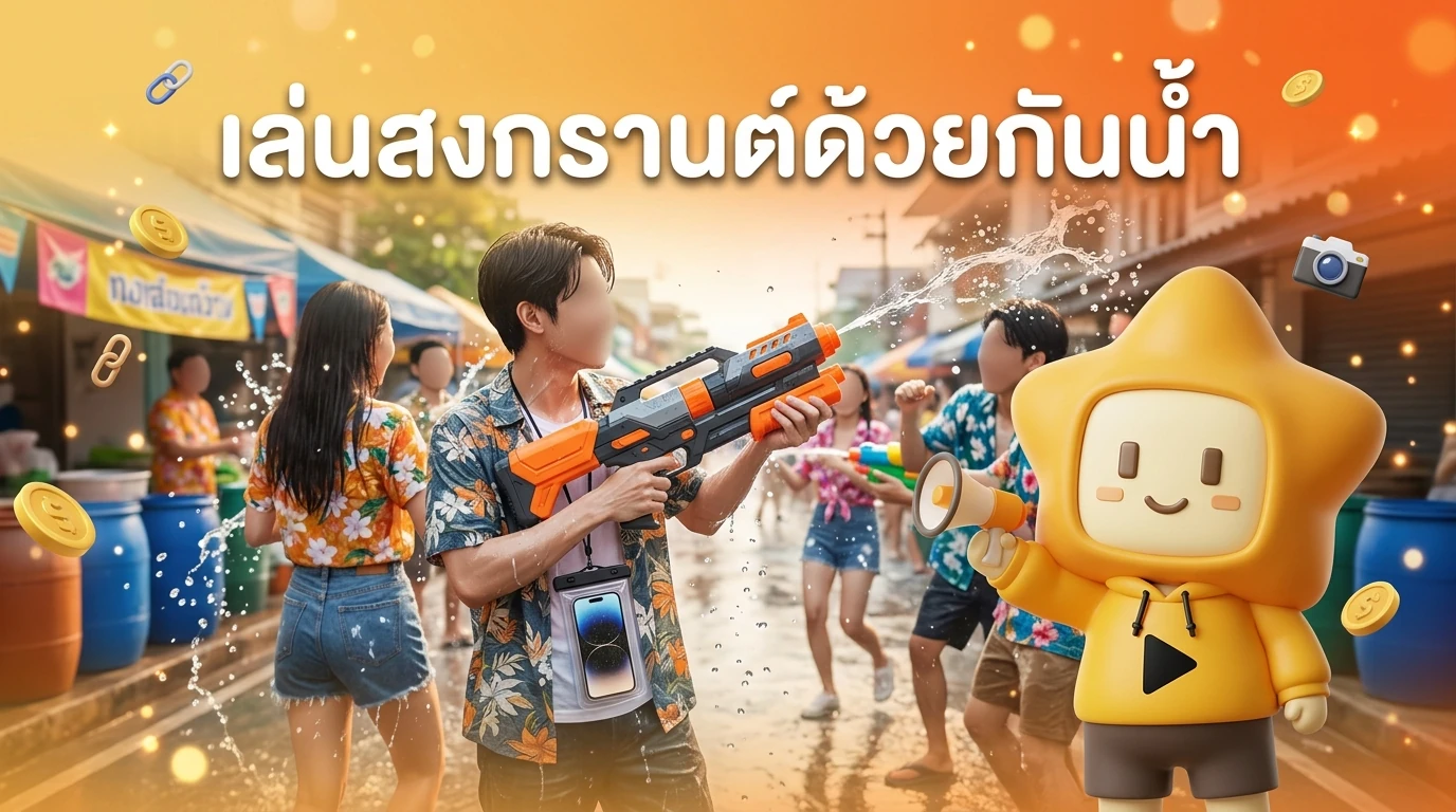 A person playing Songkran with an electric water gun and a waterproof phone pouch, lifestyle shot