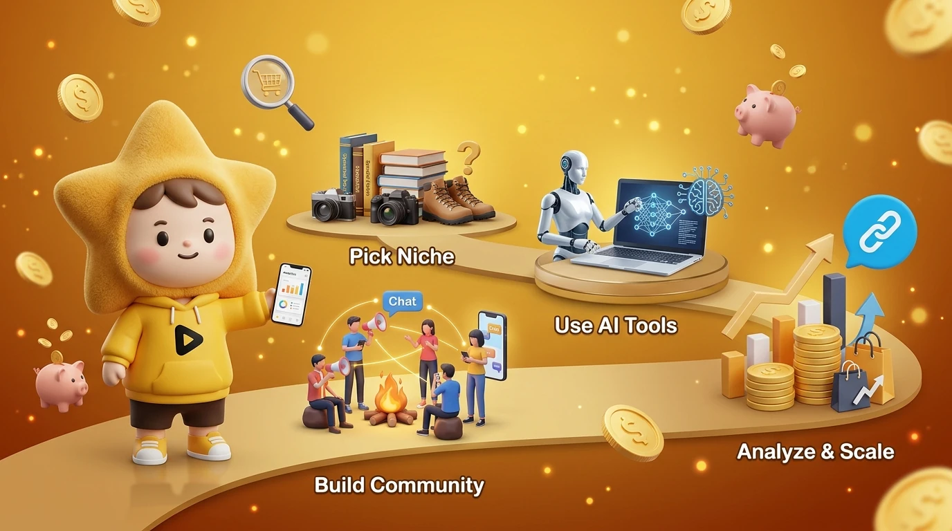 Step-by-step roadmap for a beginner affiliate marketer in 2026: 1. Pick Niche, 2. Build Community, 3. Use AI Tools, 4. Analyze & Scale