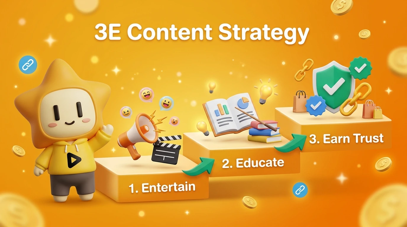 Step-by-step infographic showing the 3E Content Strategy: Entertain, Educate, Earn Trust