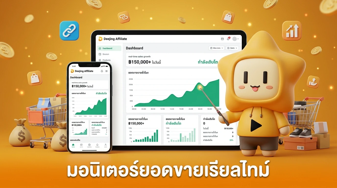 Screenshot mockup of the Deejing Affiliate dashboard showing real-time sales growth