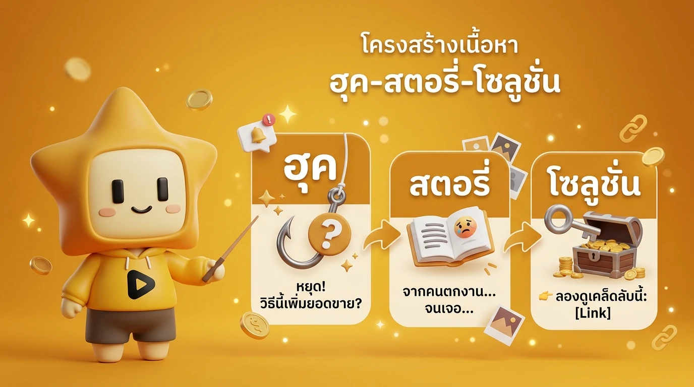 Diagram showing Hook-Story-Solution content structure with examples of high-converting captions