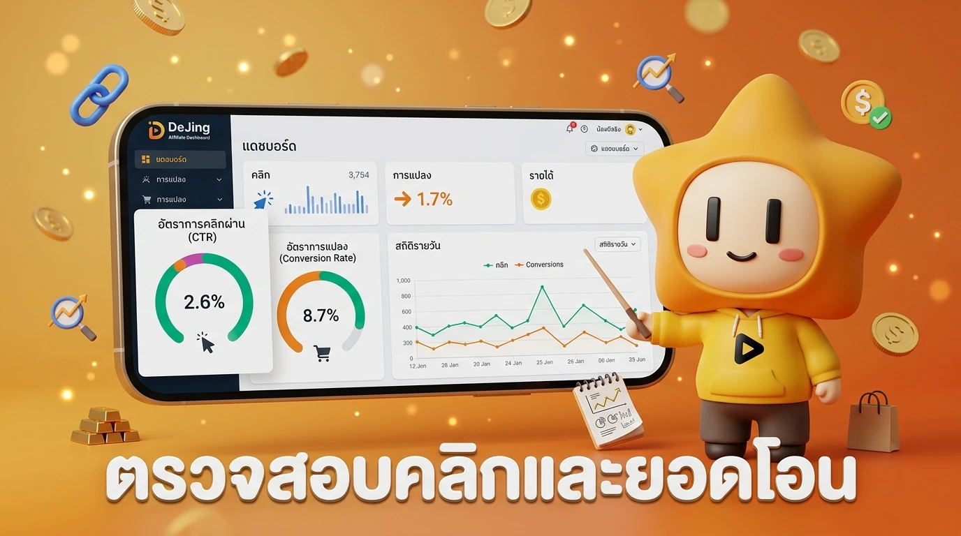 Screenshot mockup of DeJing Affiliate Dashboard showing click-through rate and conversion tracking