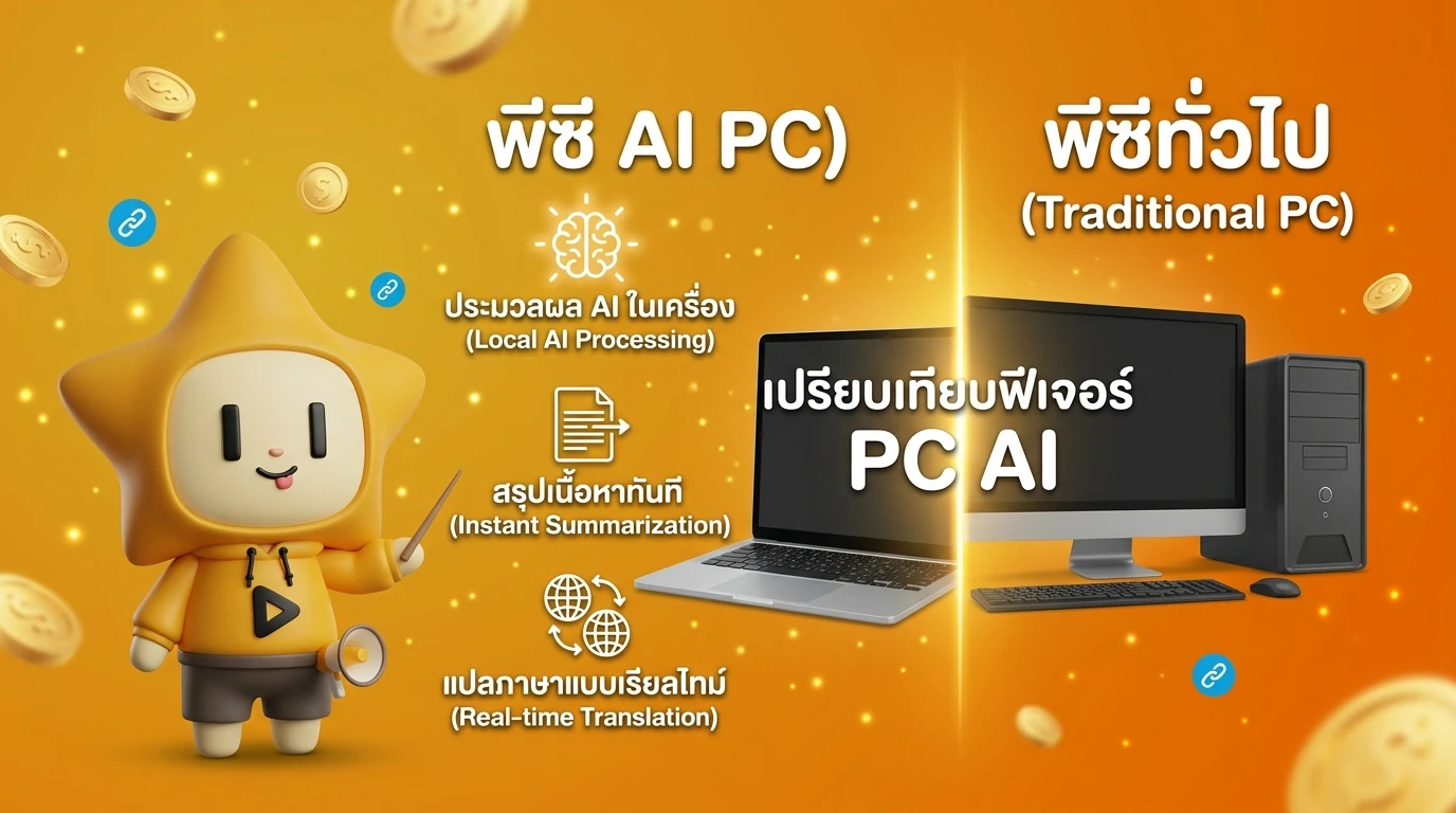 Infographic showing AI PC features vs Traditional PC: Local AI processing, Instant Summarization, Real-time Translation
