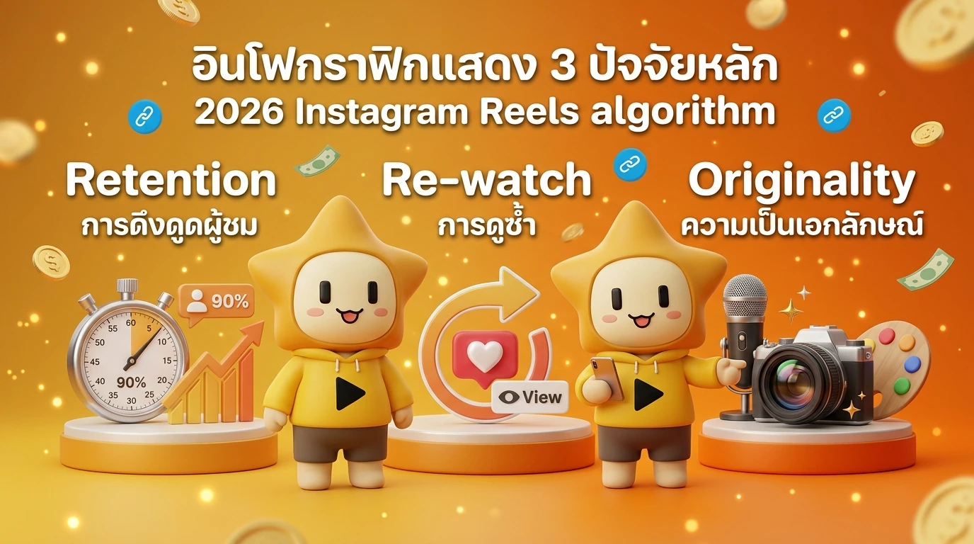 Infographic showing the 3 key factors of Instagram Reels Algorithm 2026: Retention, Re-watch, and Originality