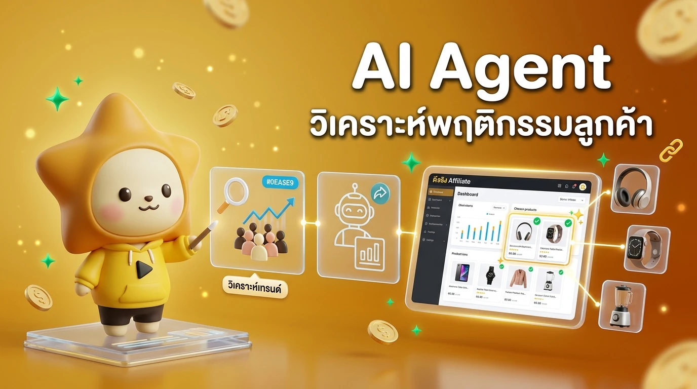 Infographic showing the workflow of AI Agent selecting products from Djing Affiliate dashboard based on real-time consumer trends