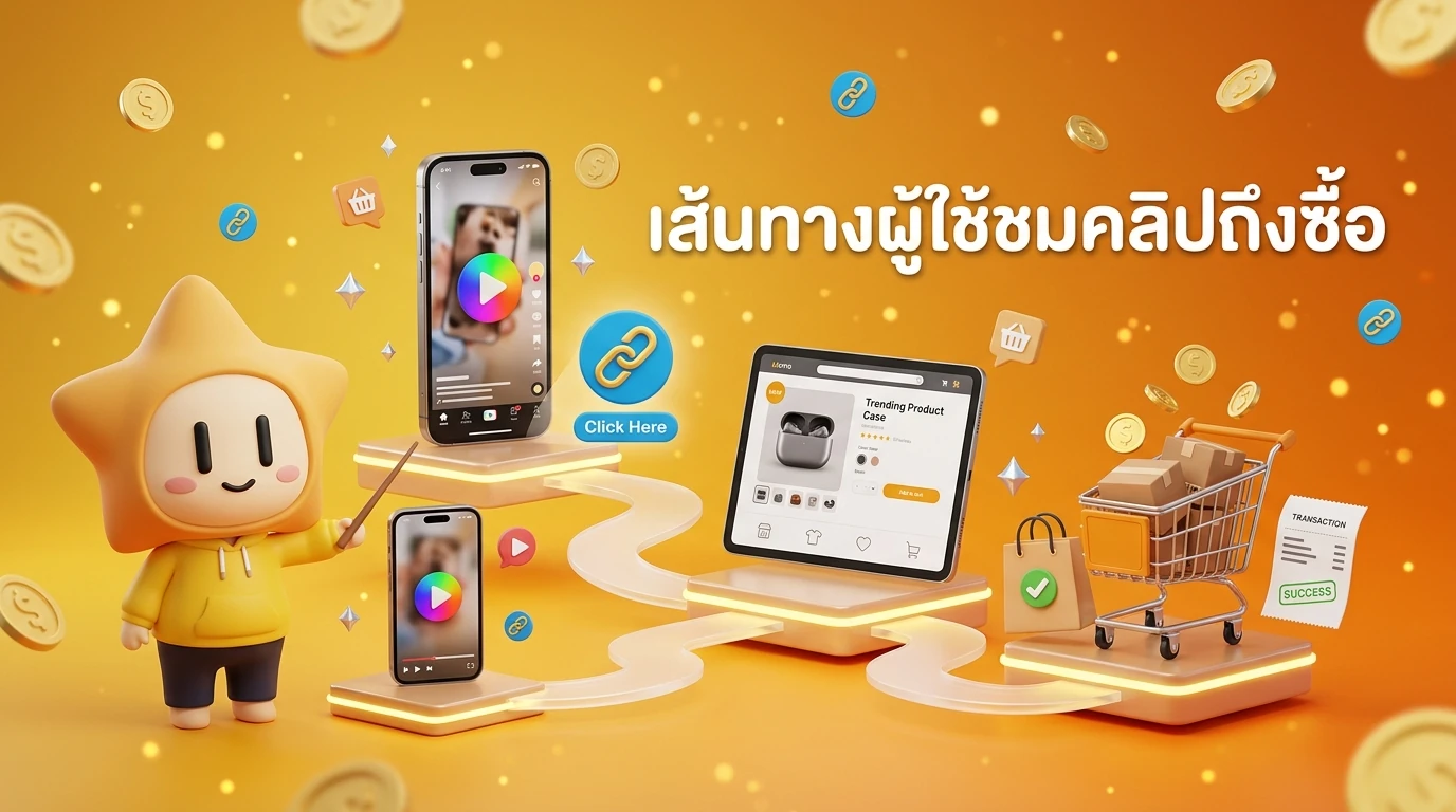 Flowchart showing the user journey from watching a short video to making a purchase via affiliate link