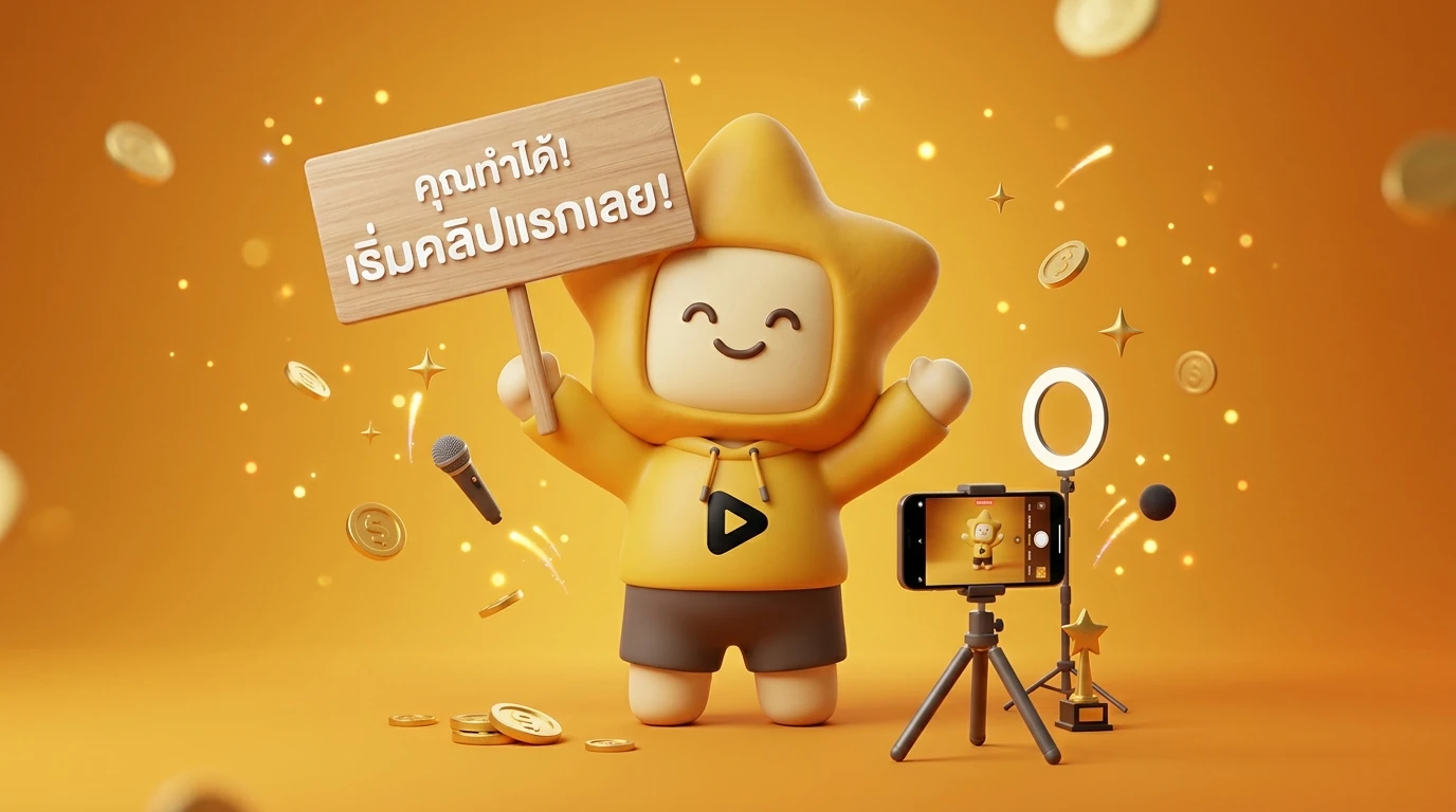 Mascot "Nong Deejing" cheering with a sign saying "You can do it! Start your first clip today!"