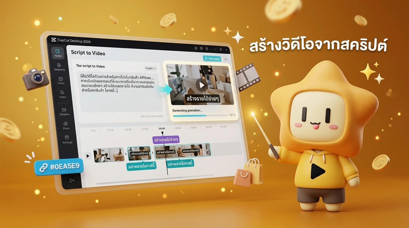 Screenshot mockup of CapCut Desktop 2026 interface showing the 'Script to Video' process with Thai captions