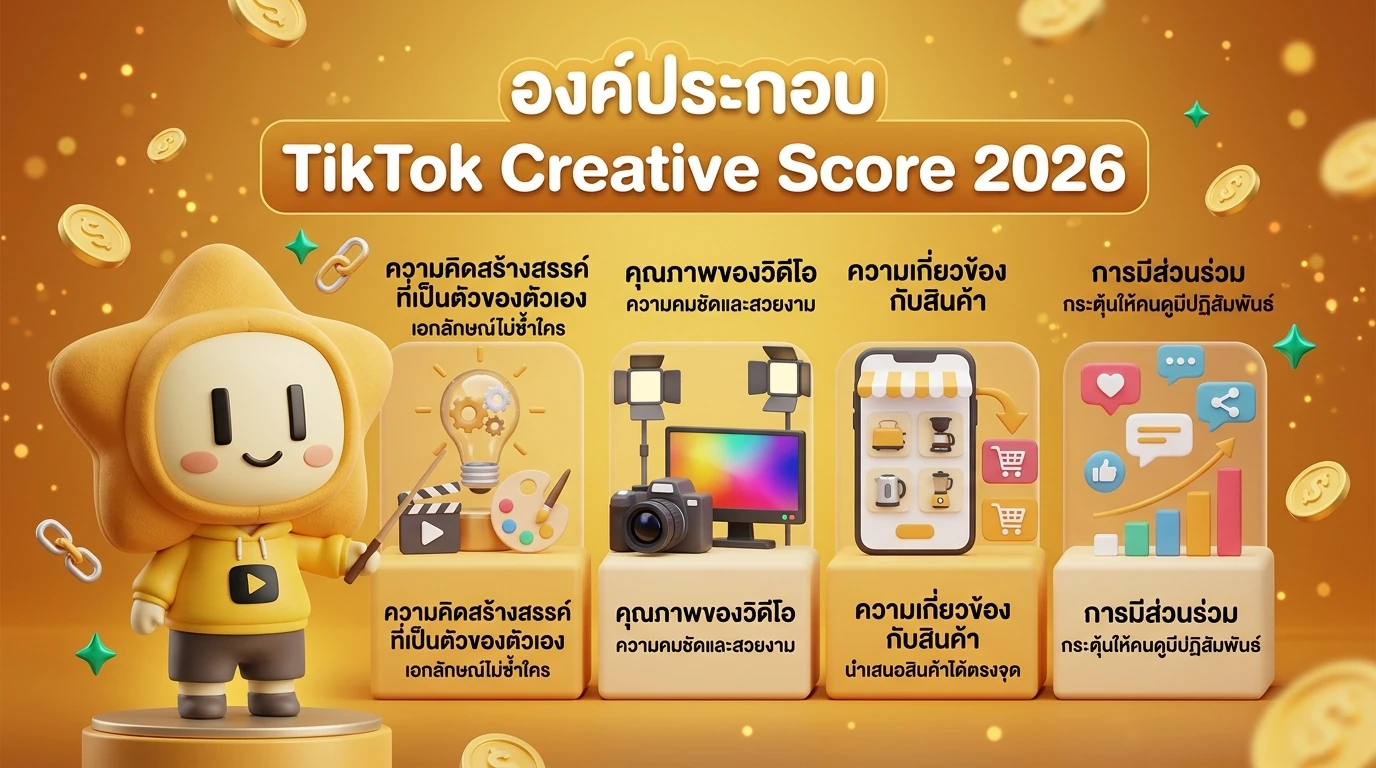 Infographic showing the components of TikTok Creative Score 2026: Originality, Visual Quality, Product Relevance, and Engagement