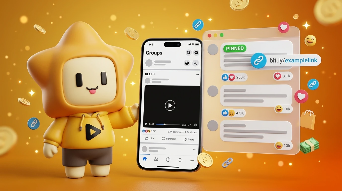Mockup of a Facebook Group feed showing a Reels video with high engagement and a pinned link in comments