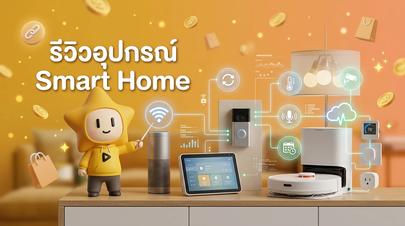 Lifestyle photo of Smart Home devices with technical overlay icons