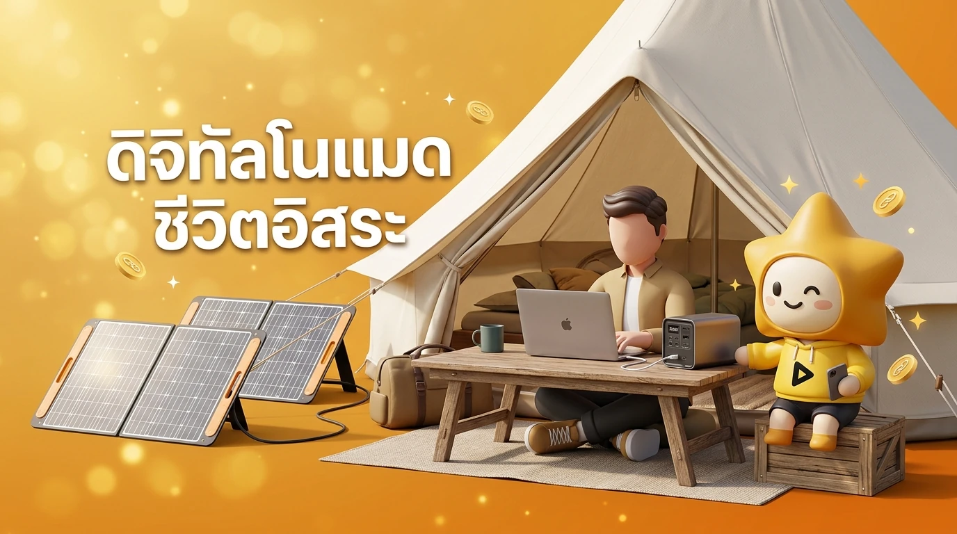 Outdoor lifestyle setup: A digital nomad working in a tent with a laptop powered by a sleek Portable Power Station and Solar Panels