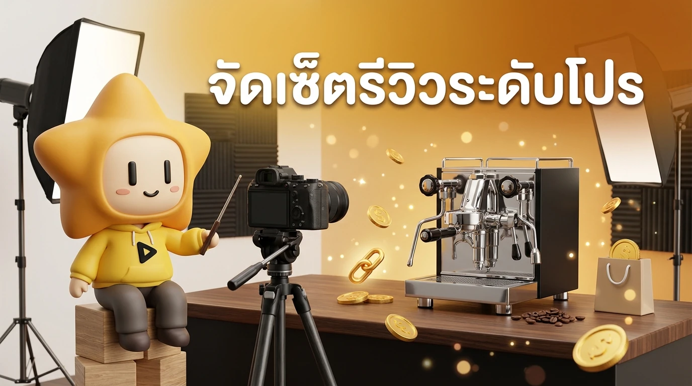 Professional setup for high-ticket product review with camera, lighting, and a luxury item like a high-end coffee machine