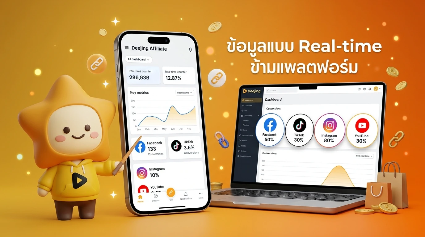 Screenshot mockup of Deejing Affiliate dashboard showing real-time conversion tracking across multiple social platforms