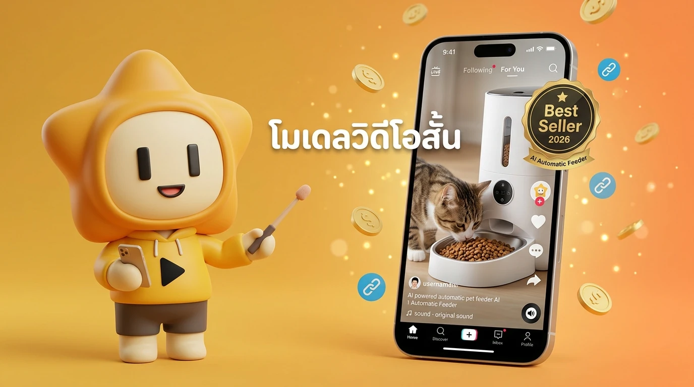 Short-video interface mockup showing a cute cat using an AI-powered automatic feeder with "Best Seller 2026" badge