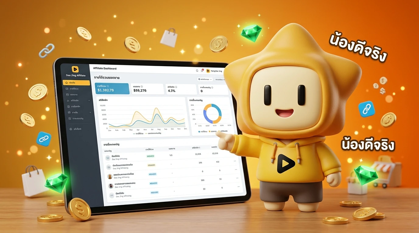 Mascot "Nong Dee Jing" smiling and pointing at a professional-looking affiliate dashboard on a tablet