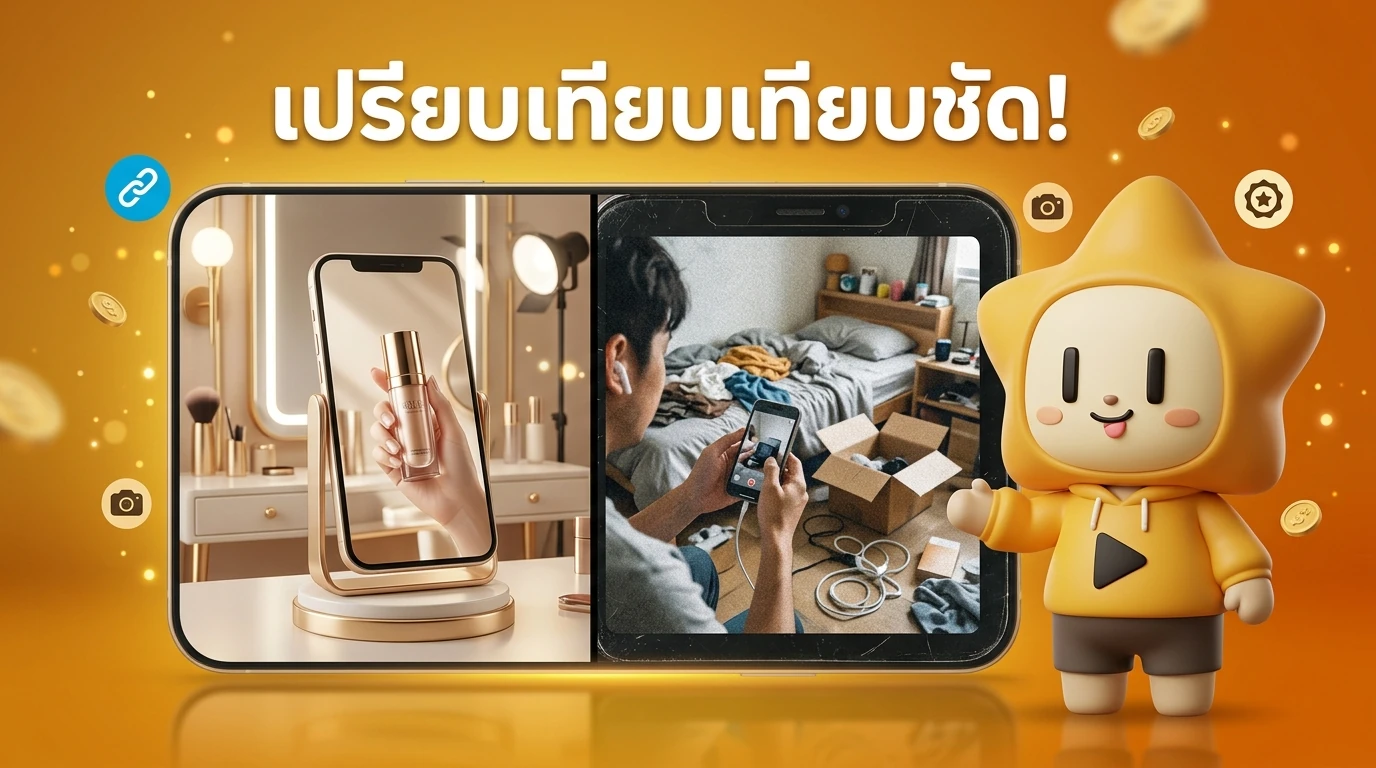 Comparison split screen: One side is a high-production studio ad, the other side is a grainy but authentic POV video of someone using a product in their real messy room