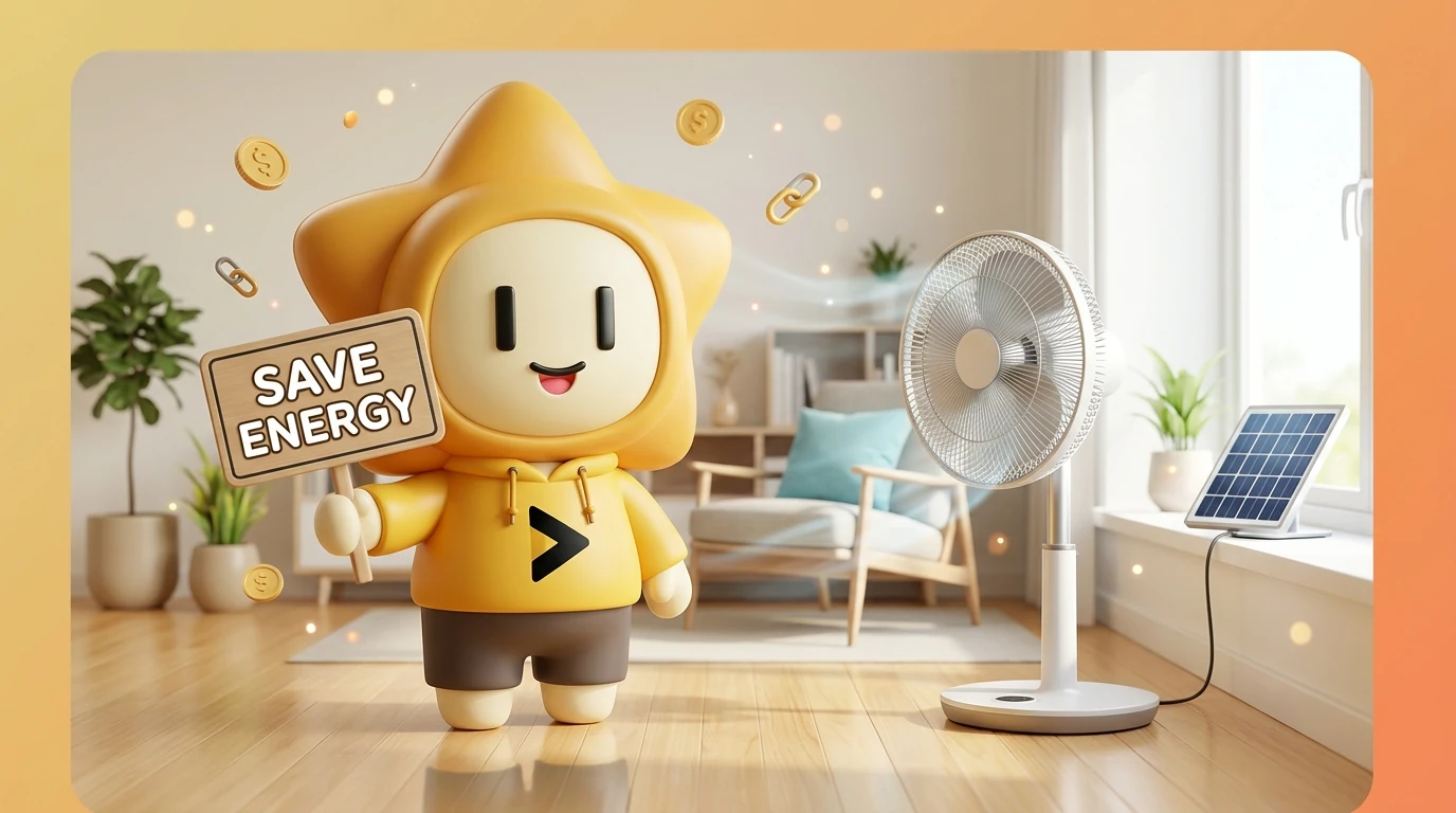 Nong Dee Jing Mascot smiling with a solar fan and holding a "Save Energy" sign in a cool, bright room
