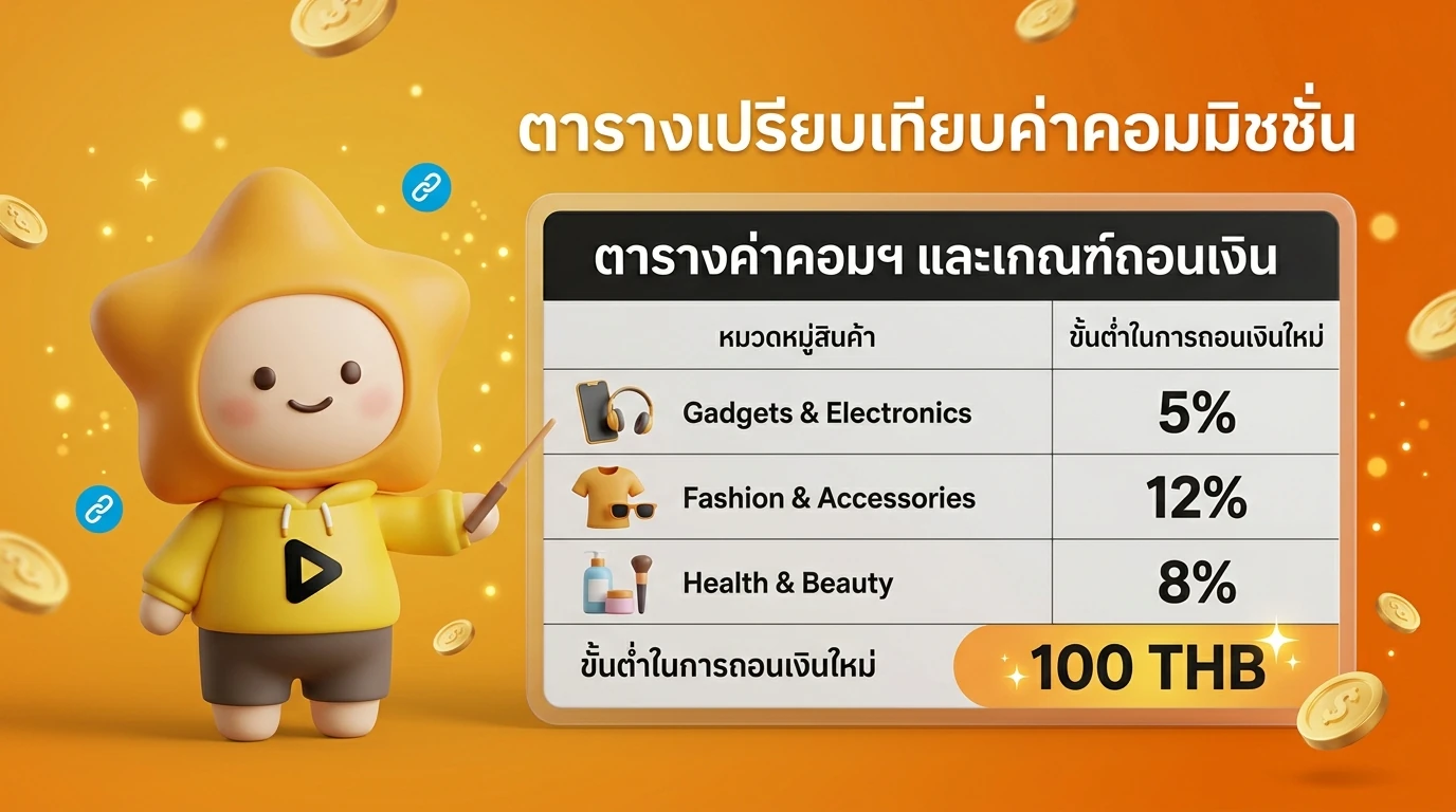 Comparison table showing commission rates by category and the new minimum withdrawal threshold of 100 THB.