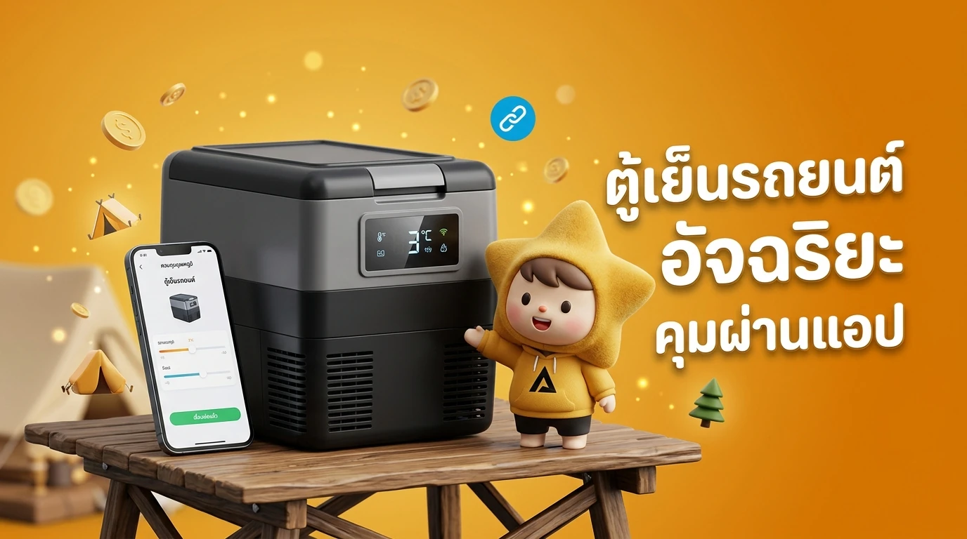 A modern portable car fridge with a built-in LCD screen showing temperature and a smartphone app control interface next to it