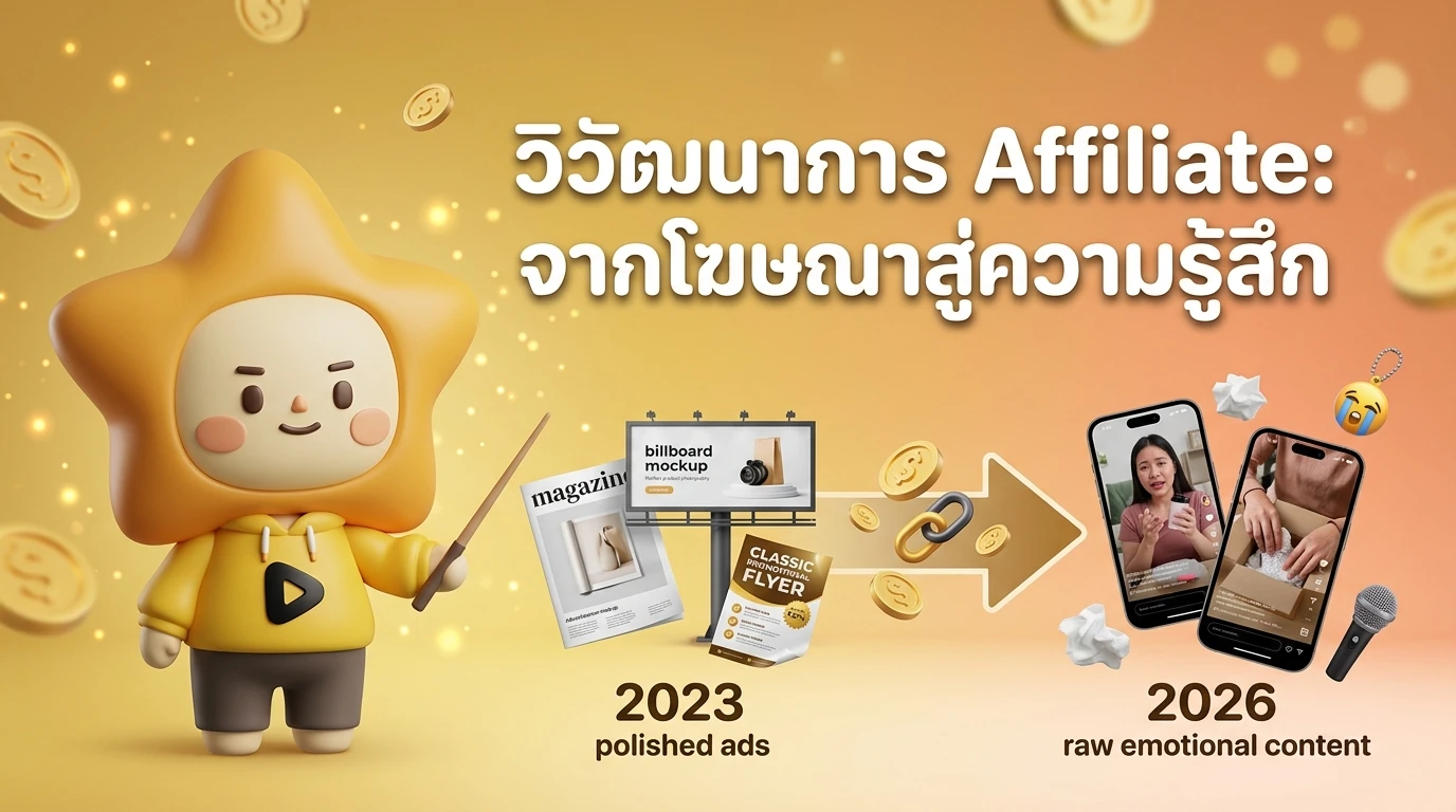 Infographic showing the evolution of Affiliate Marketing from 2023 to 2026, highlighting the shift from polished ads to raw emotional content