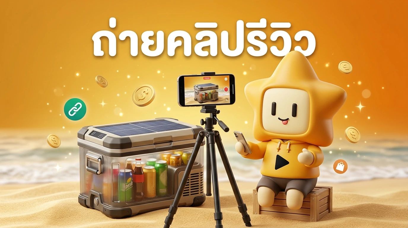 A person filming a review video of a solar-powered cooler at a beach, using a tripod and a smartphone