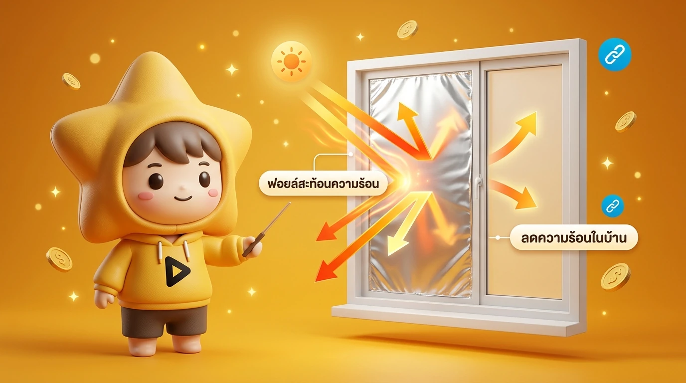Infographic showing how aluminum foil insulation reflects heat away from a west-facing window