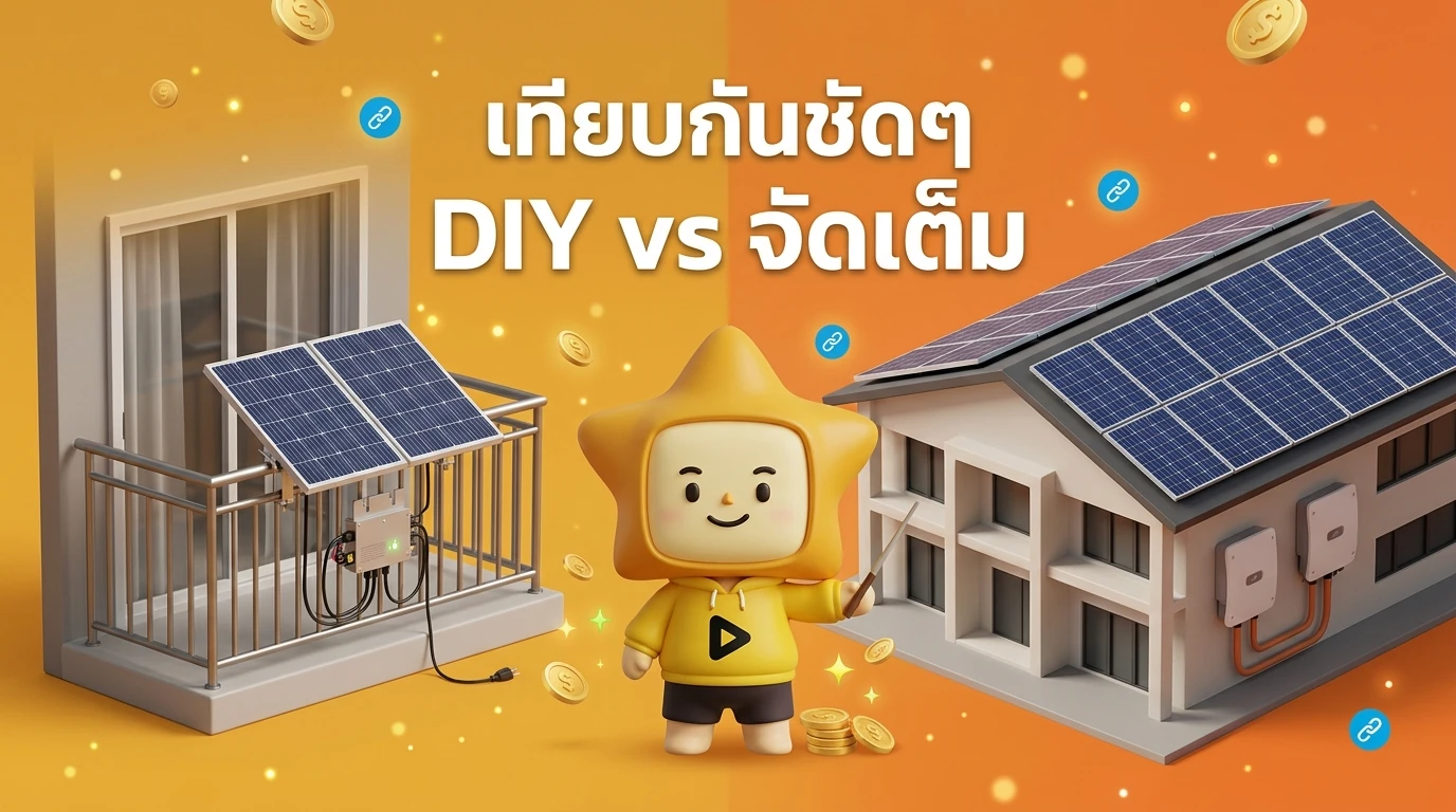 Side-by-side comparison photo: A small DIY solar setup on a balcony vs. a large full-roof solar array on a big house.