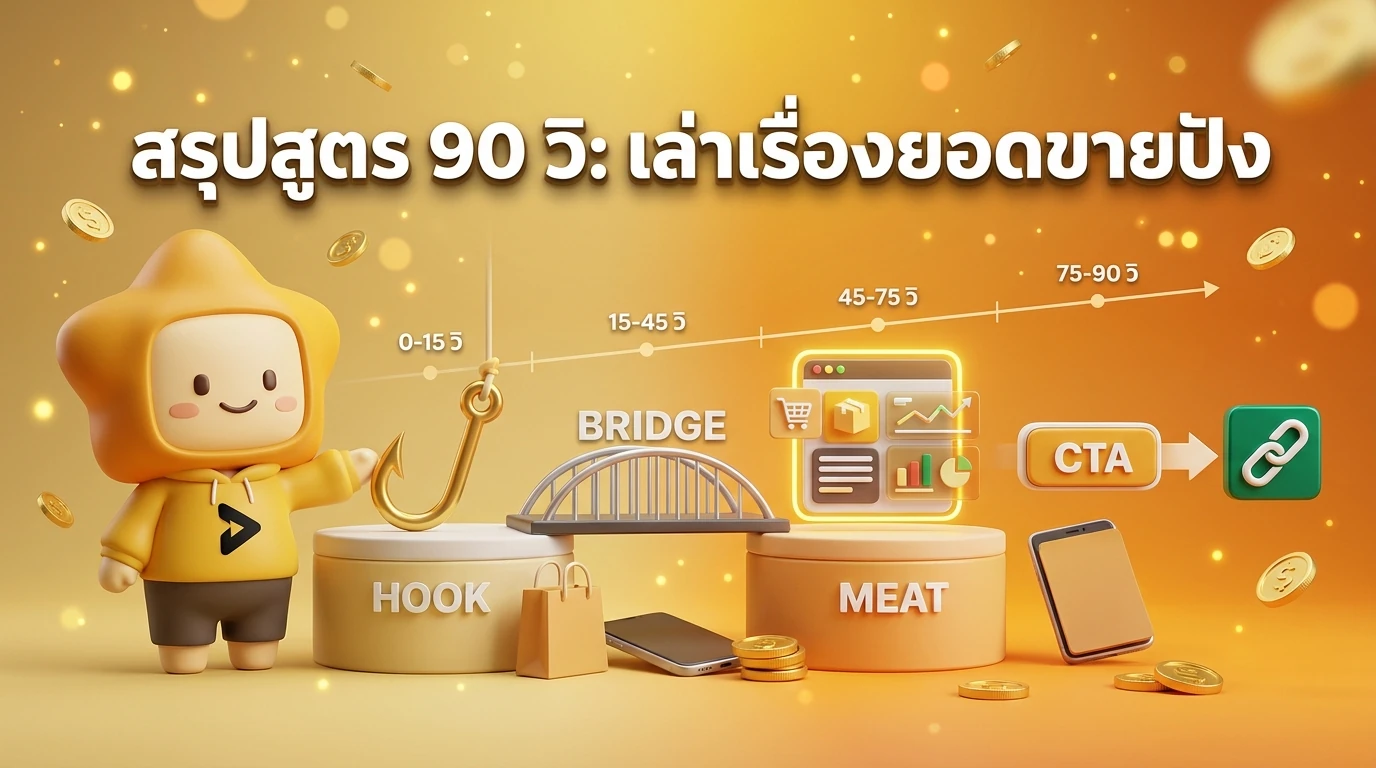 Infographic showing the 90-second storytelling framework: Hook, Bridge, Meat, and CTA