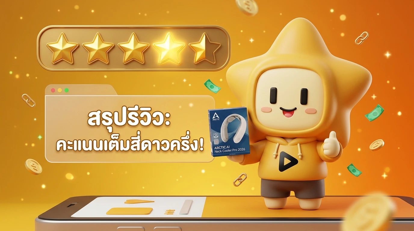 Summary graphic showing 4-5 stars rating icons and the mascot "Nong Dee Jing" holding the product with a thumbs up