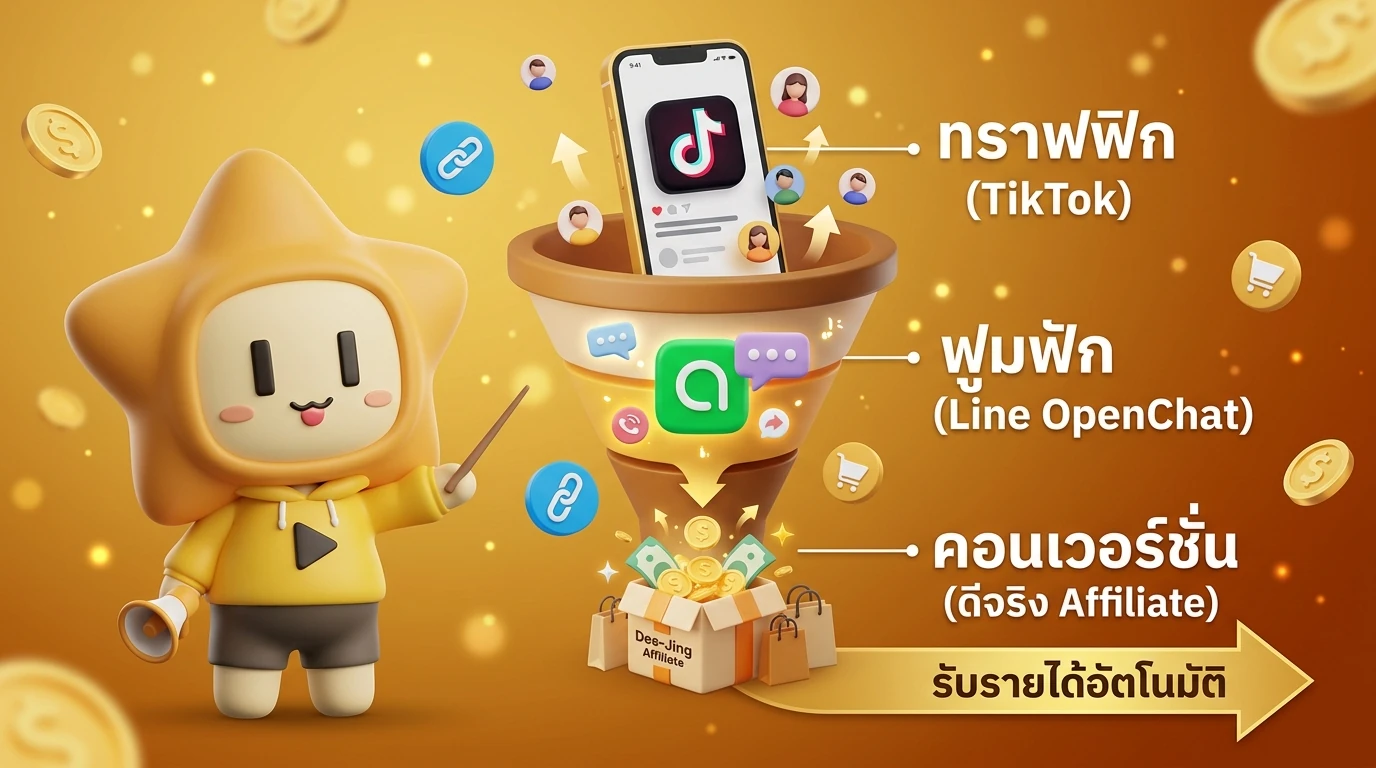 Infographic showing the funnel flow from TikTok Traffic to Line OpenChat Nurturing to Dee-Jing Affiliate Conversion