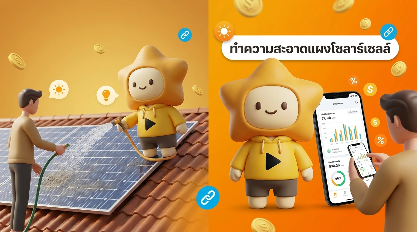 Someone cleaning a solar panel on a rooftop with a hose, and another person checking their smart home app to monitor savings