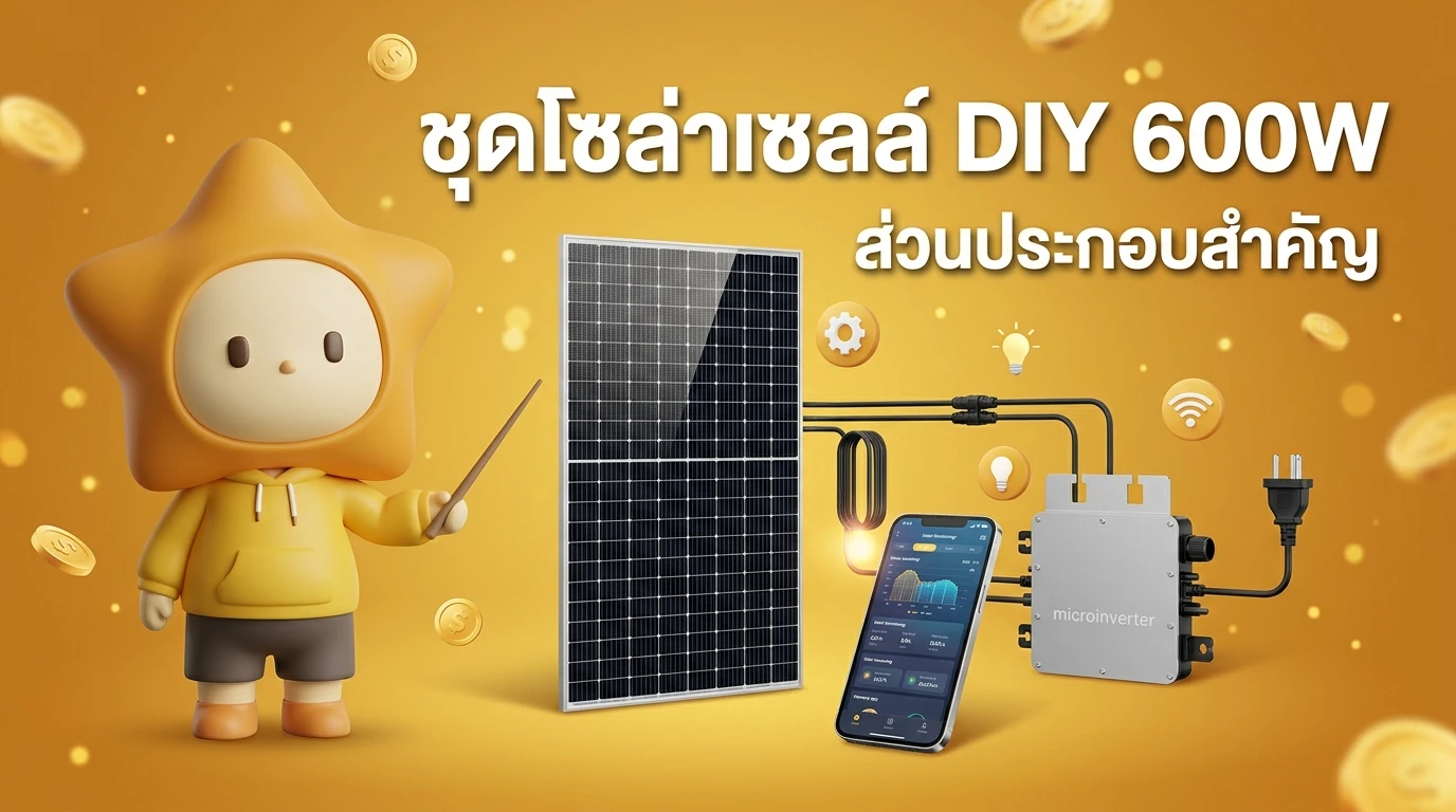 Infographic explaining the components of a DIY Solar Kit 600W: N-Type TOPCon panels, Microinverter, AC Plug, and the smartphone monitoring app interface.