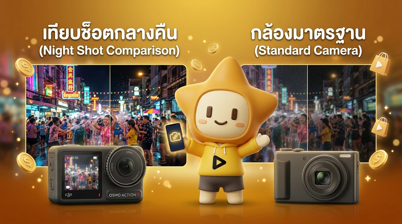 Comparison shot showing DJI Osmo Action 6 low-light performance vs standard camera in a Songkran party environment