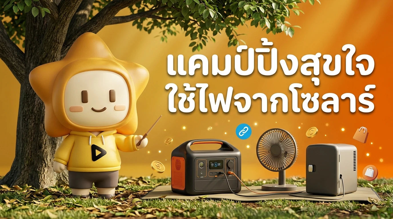 Happy camping family using a Solar Generator to power a fan and a small fridge under a tree