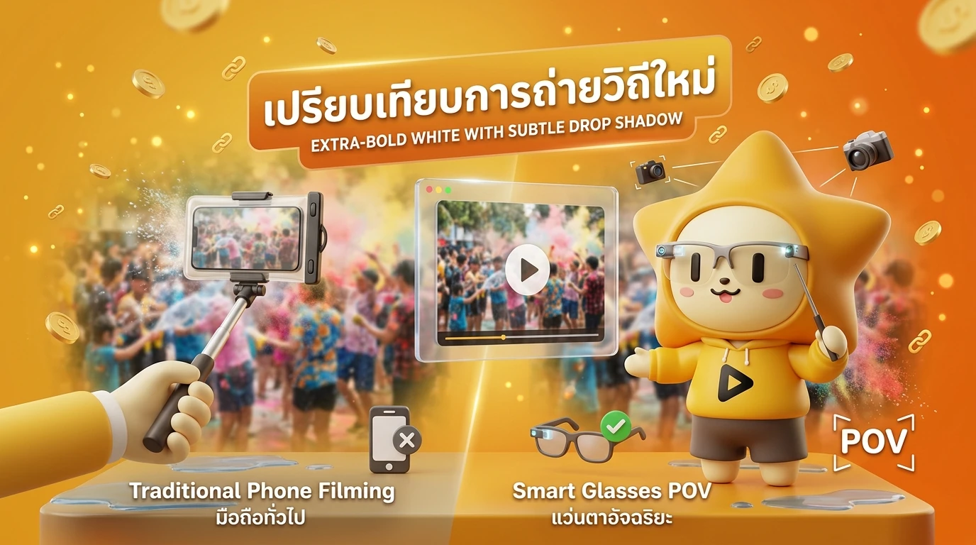 Comparison infographic showing traditional phone filming vs. Smart Glasses POV filming in a crowded Songkran festival