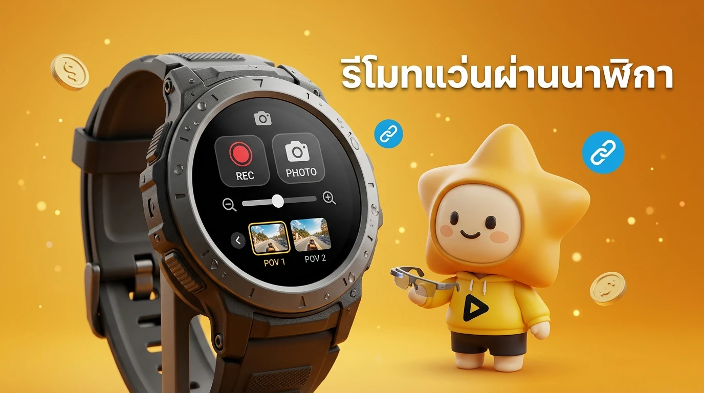 Close-up shot of a rugged Smartwatch with IP69K rating displaying camera controls for Smart Glasses