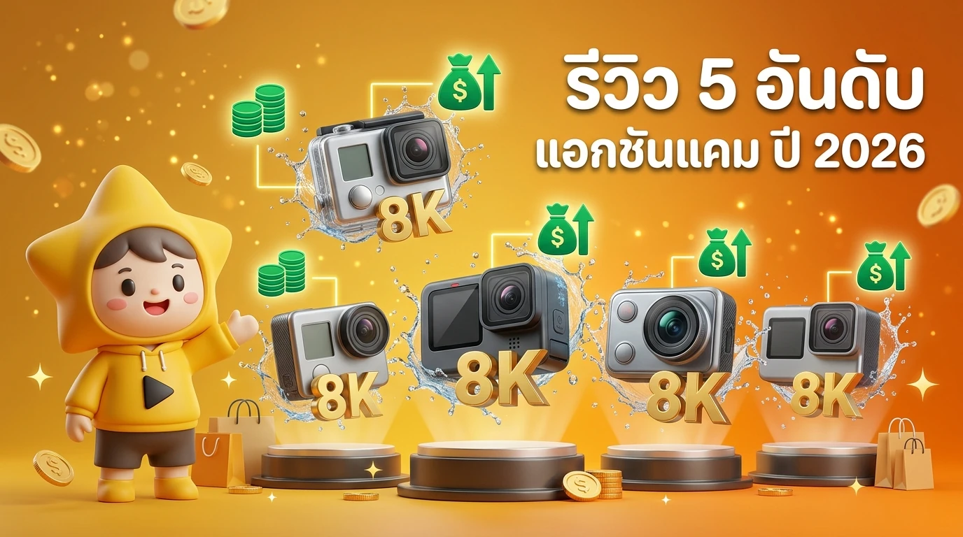 A vibrant infographic showing 5 top action cameras of 2026 with 8K labels, water splashes, and high-commission icons