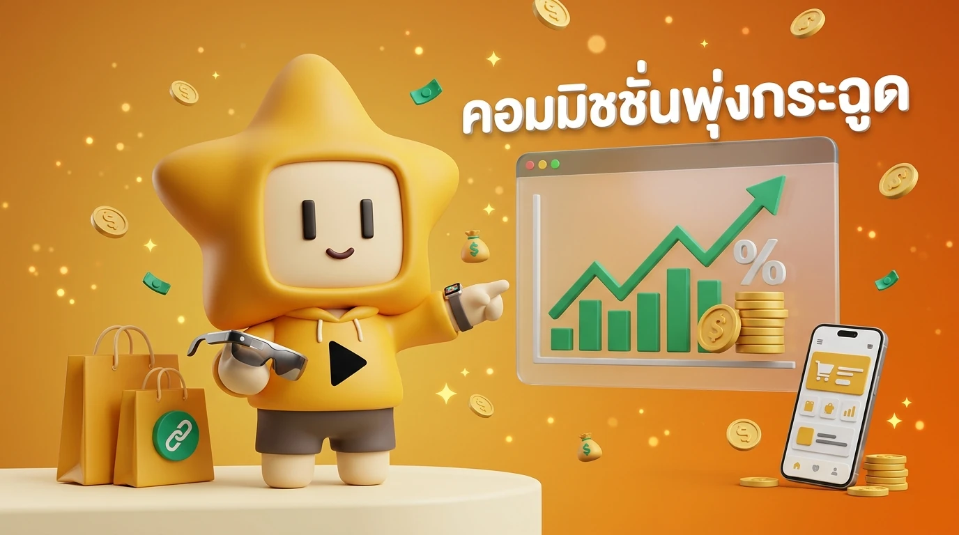 Mascot "Nong Dee Jing" holding a Smart Glass and pointing to a sales chart showing rising affiliate commissions