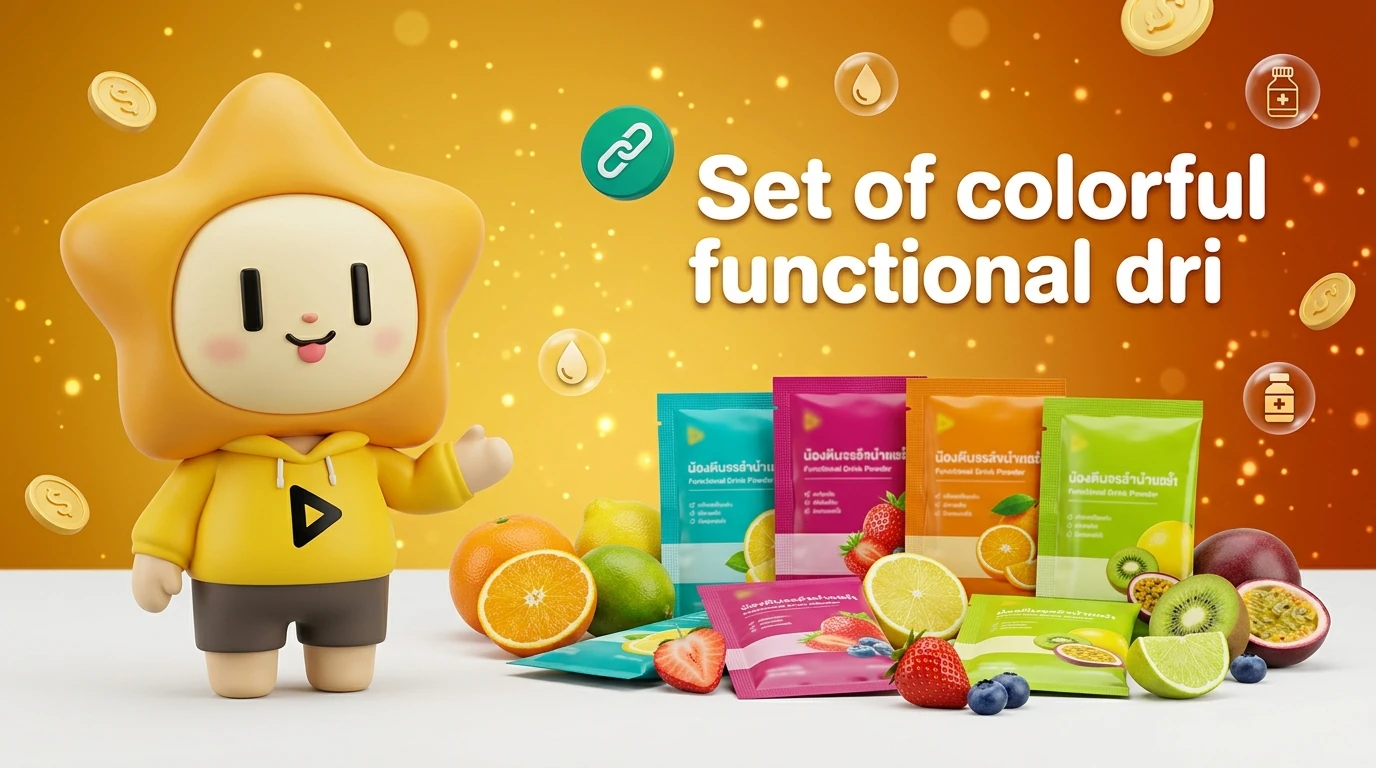 Set of colorful functional drink powder sachets with fresh fruits background