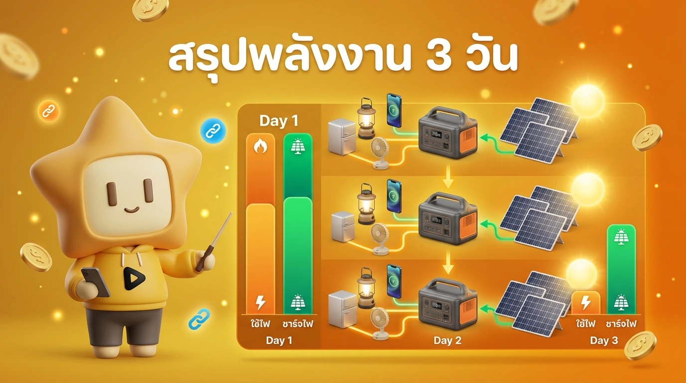 Infographic showing the daily energy balance: consumption vs. solar recharge during a 3-day camping trip