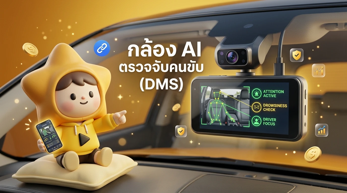 Close-up of a modern 2026 AI Dashcam showing the Driver Monitoring System DMS in action