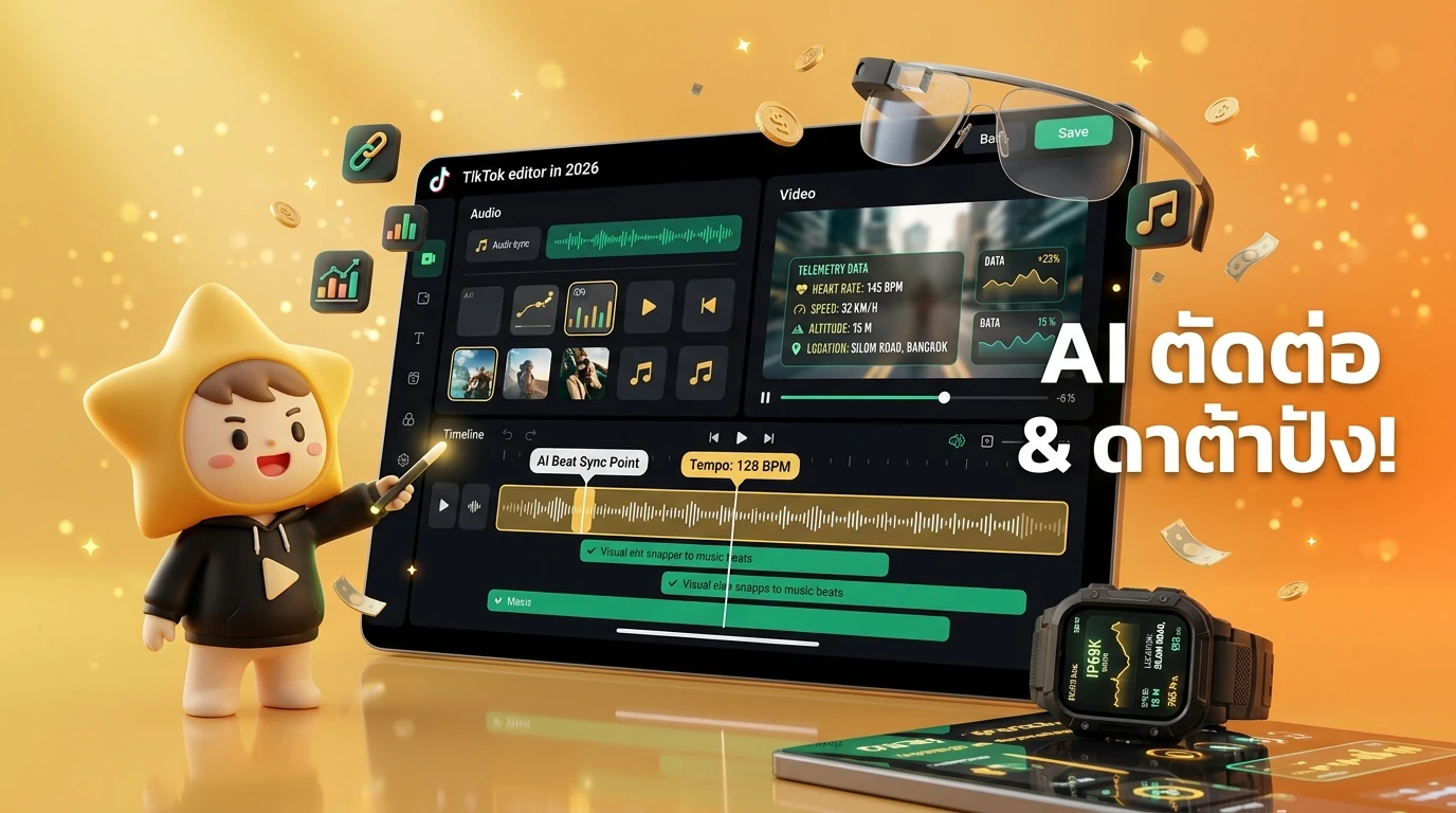 Screenshot mockup of TikTok editor in 2026 showing AI-beat sync and telemetry data overlay features