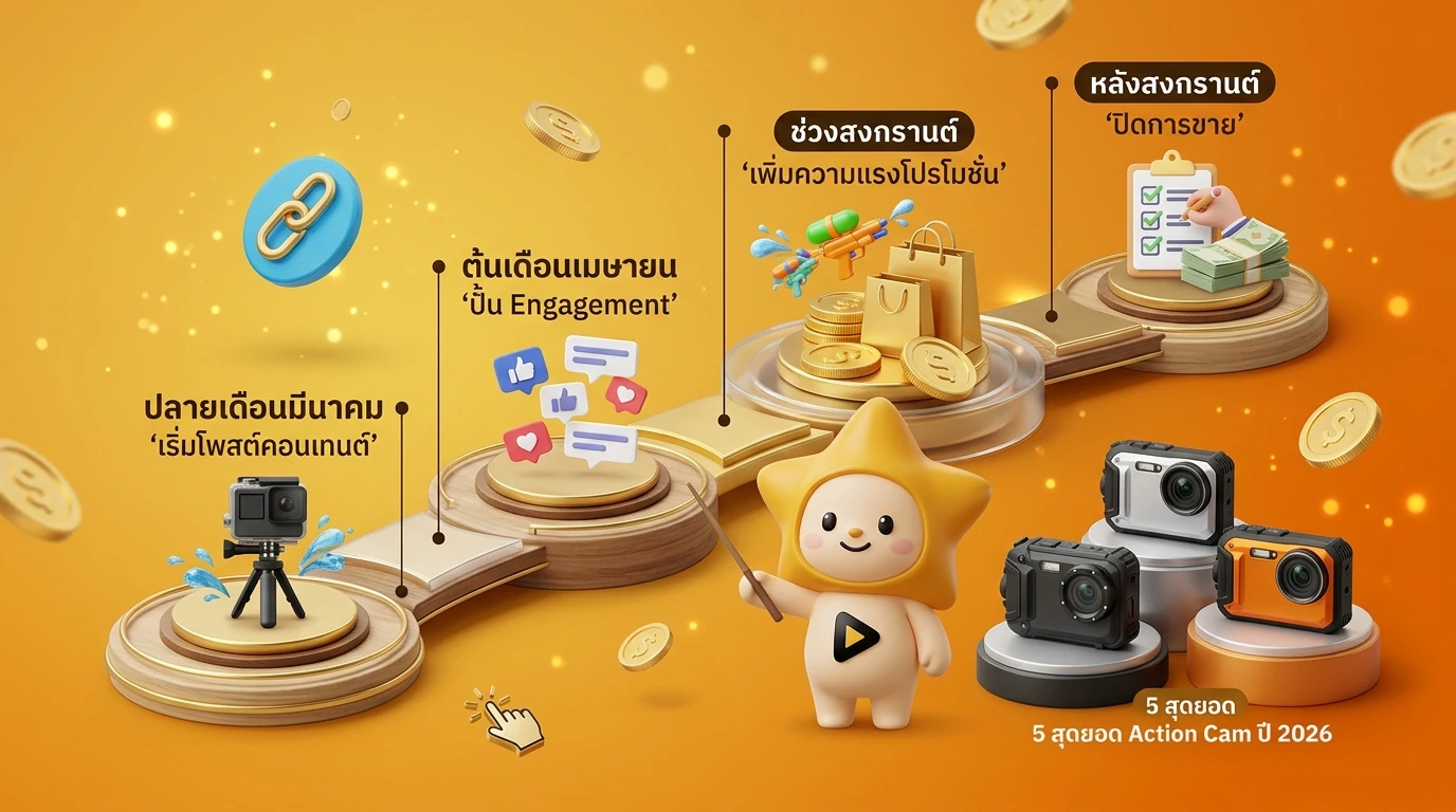 Infographic showing the timeline for posting affiliate content before Songkran festival, marking key dates from late March to mid-April