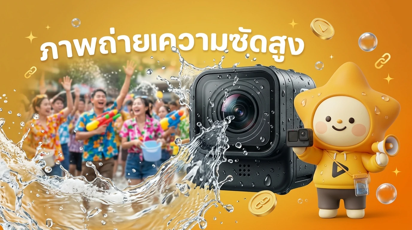 High-quality photo of people playing Songkran water festival with action cameras, vibrant colors, showing water splashing against a lens