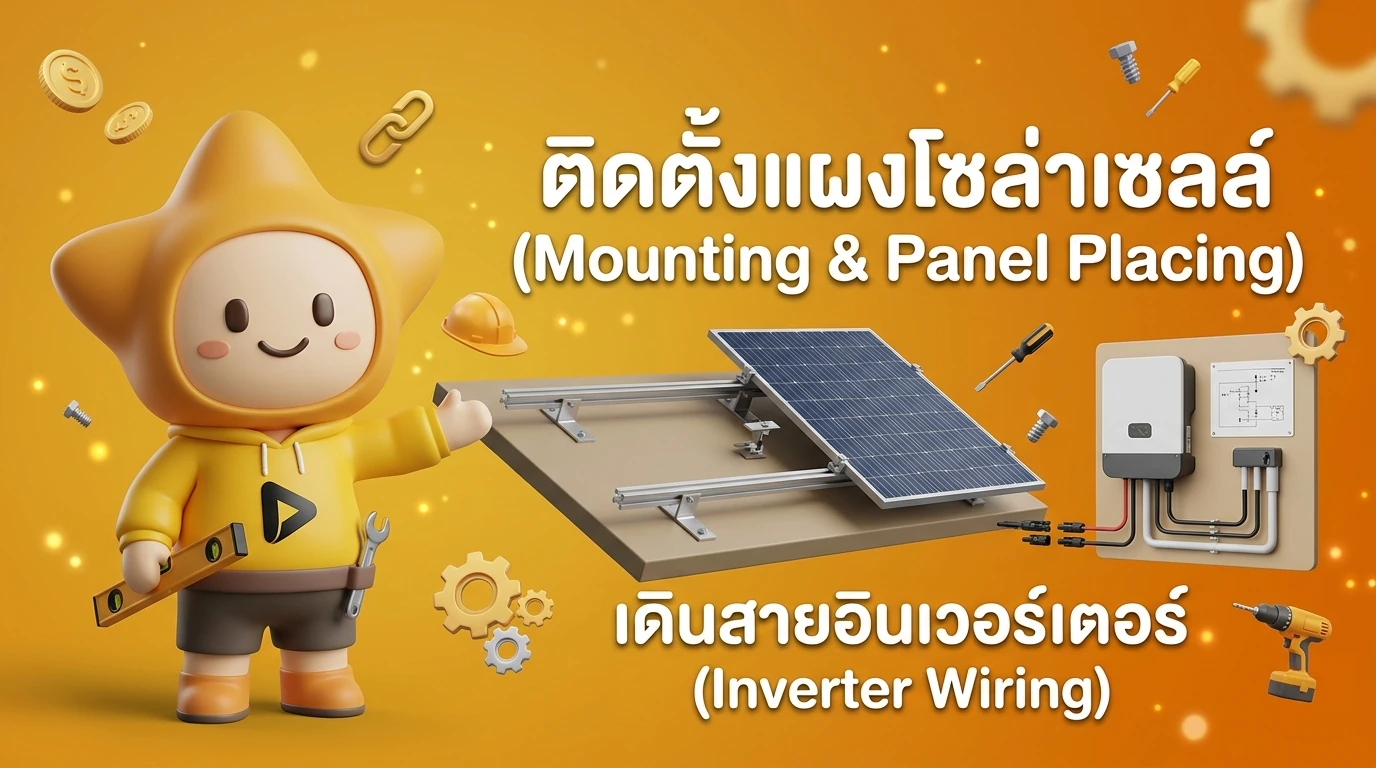 Step-by-step photos of DIY installation: Mounting, Panel placing, and Inverter wiring