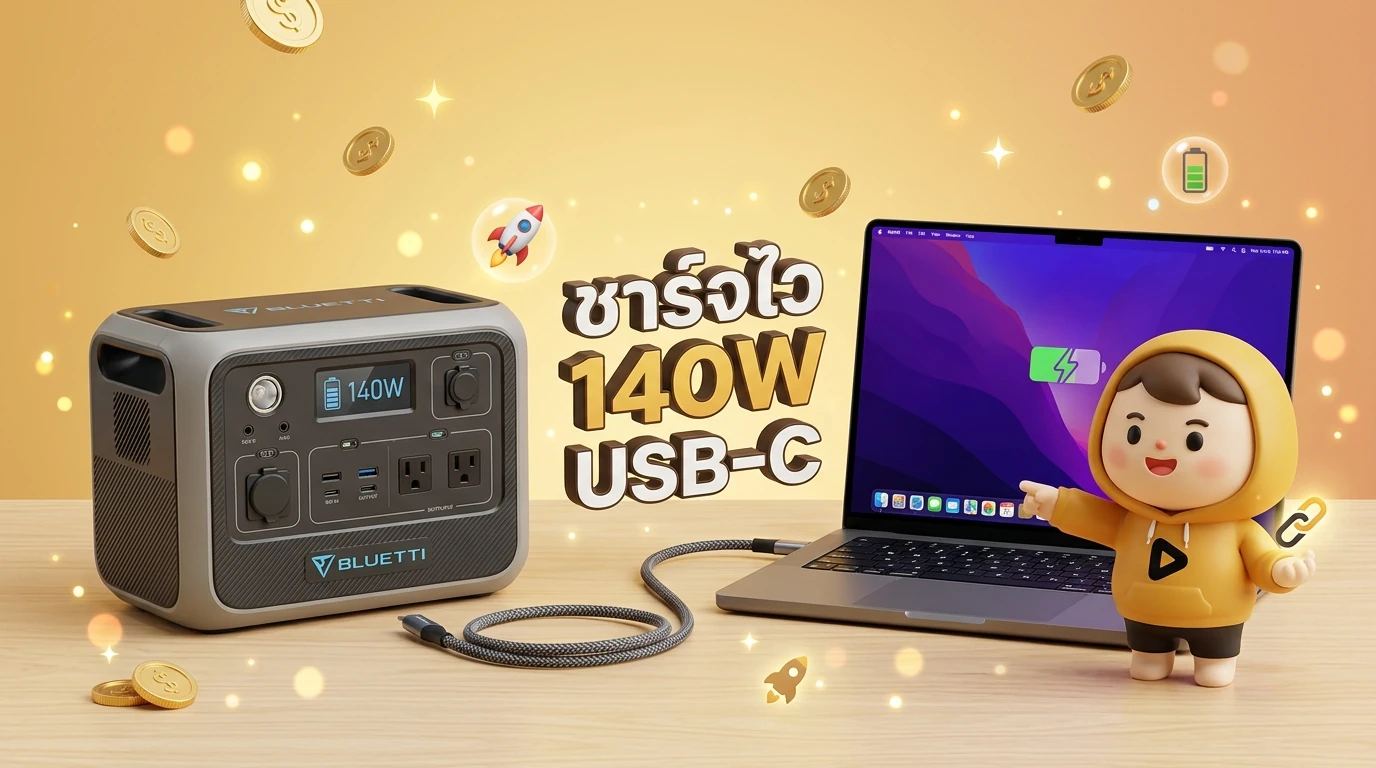 Comparison between Bluetti Elite 100 V2 and a MacBook Pro, showing the 140W USB-C charging